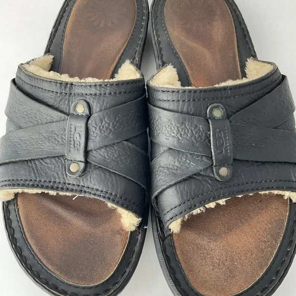 UGG Wainscott Black Leather Cross Strap Luxury Sandal Slides Mens Size 12 - Picture 3 of 10